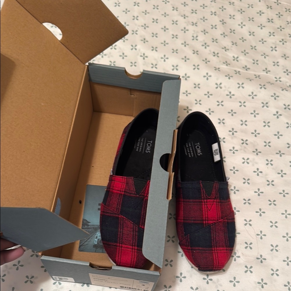 Toms Red and Black Plaid Slip-On Loafers
